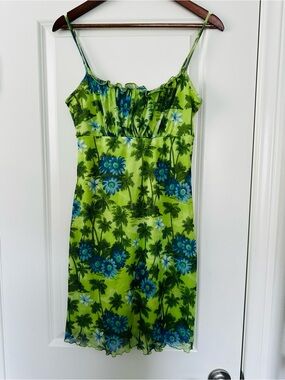 Y2K California Concepts Lime Green Floral Mini Dress Fully Lined Beach Coastal